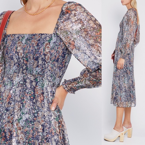 o.p.t Classic Smocked Maxi Dress in Blue Lurex - Picture 2 of 12